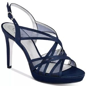 Adrianna Papell Adri navy blue satin platform strappy sandal heels